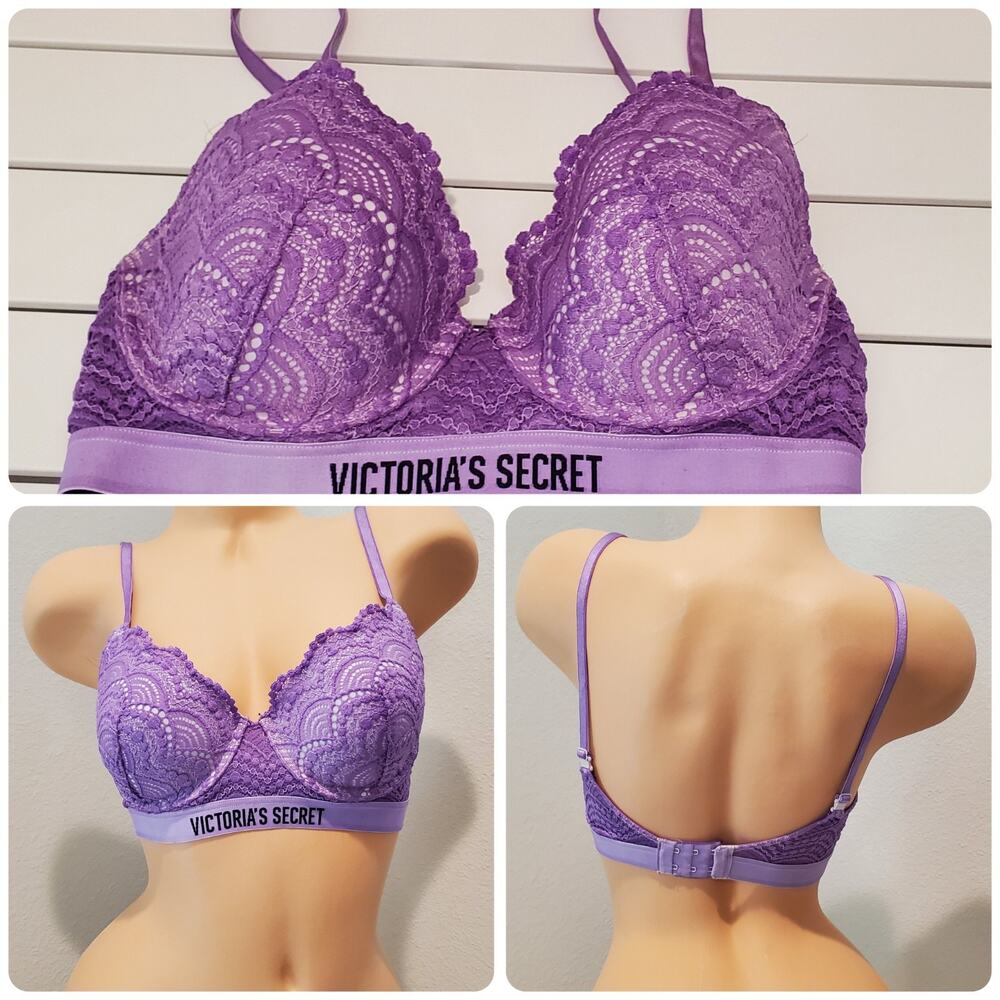 Victoria's Secret Vintage Crochet Lace Demi T Shirt Bra Lightly Lined Purple 32D